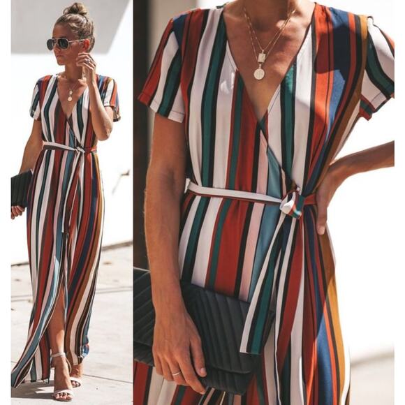 Vici Dresses & Skirts - Vici Multicolored striped Short Sleeve Wrap Maxi Dress size L Large